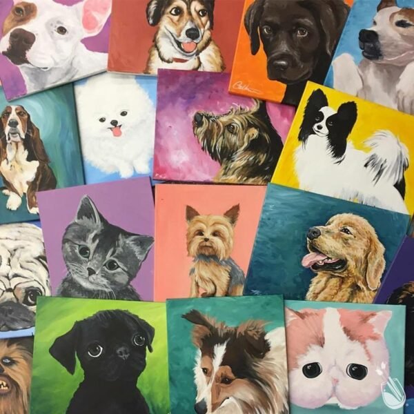 un collage de varios lienzos con pinturas de mascotas (gatos y perros)